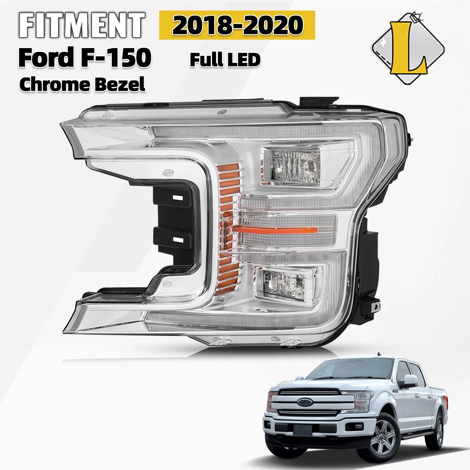 Full LED Headlight Chrome Bezel for Ford F-150 (2018–2020)