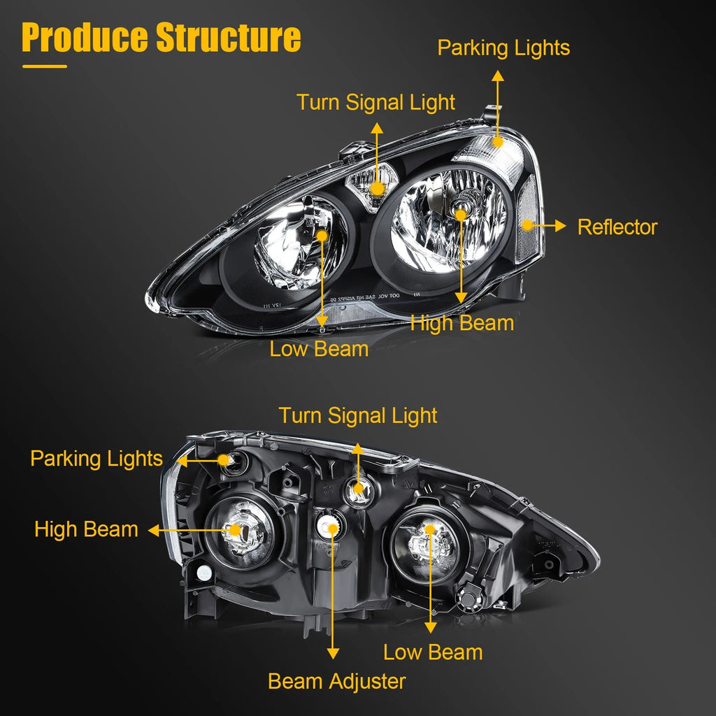 2X Black Headlights for Acura RSX (2002–2004) Headlight Assembly