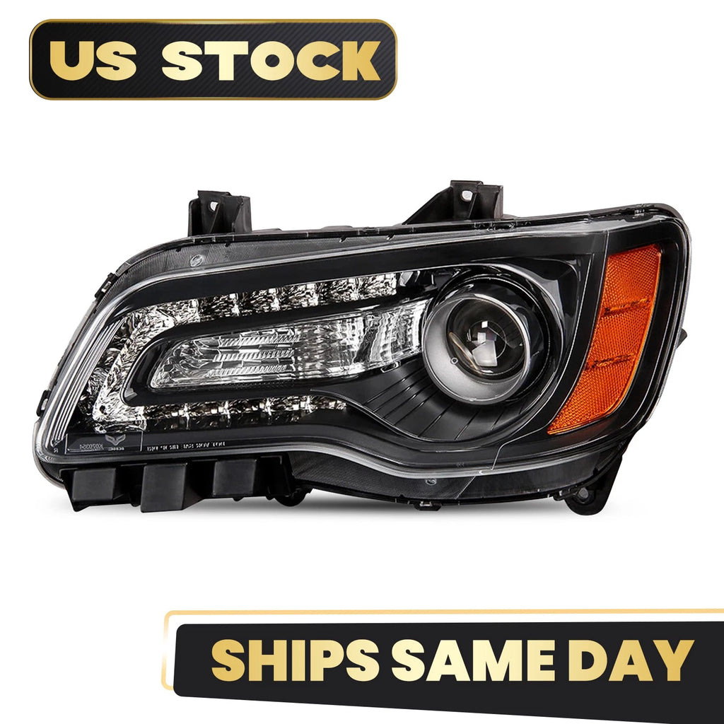 Halogen Headlight for Chrysler 300 (2012–2014) Black Bezel W/Bulb Left Driver