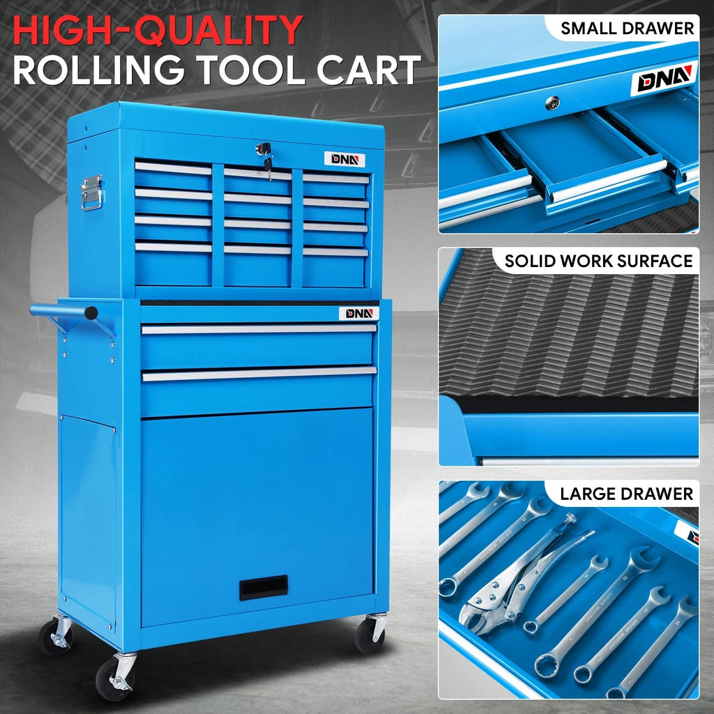 2X Blue 8 Drawer Tool Cabinet with Rolling Casters for Storage