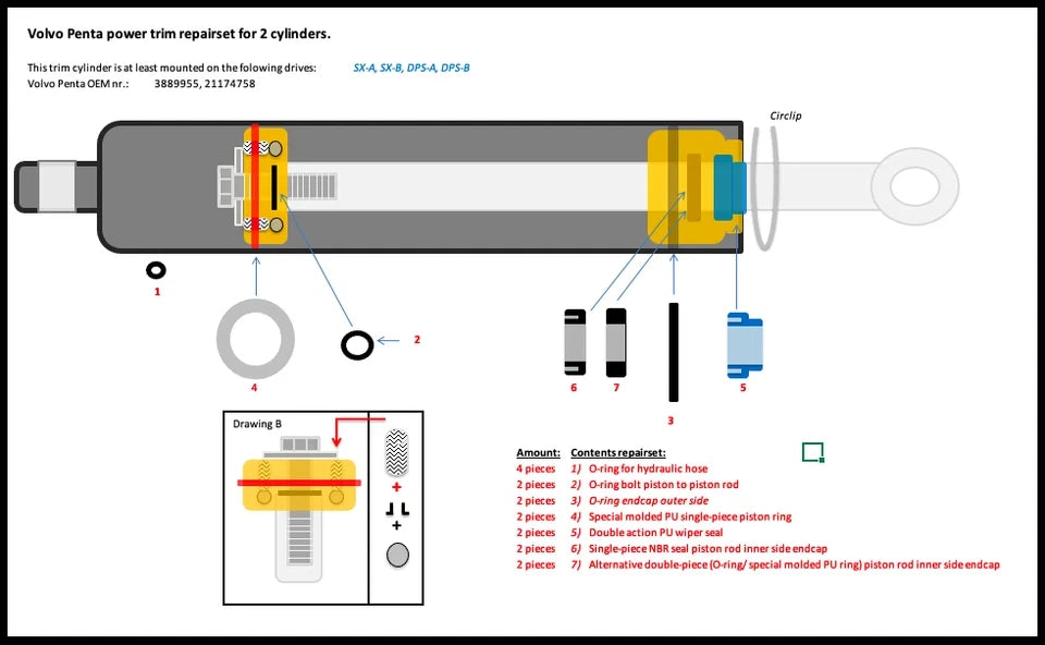 Trim Cylinder Rebuild Kit for Volvo Penta SX-A DPS-A/B TSK-A/B (3840326)