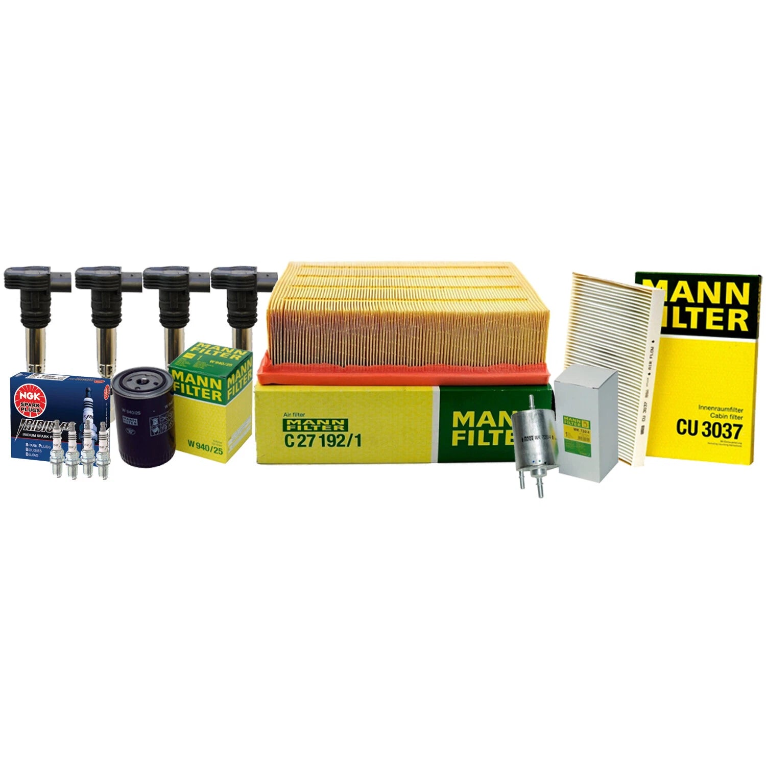 Tune Up Kit: 4 Mann Filters, 4 Denso Coils, 4 NGK Iridium IX for Audi A4