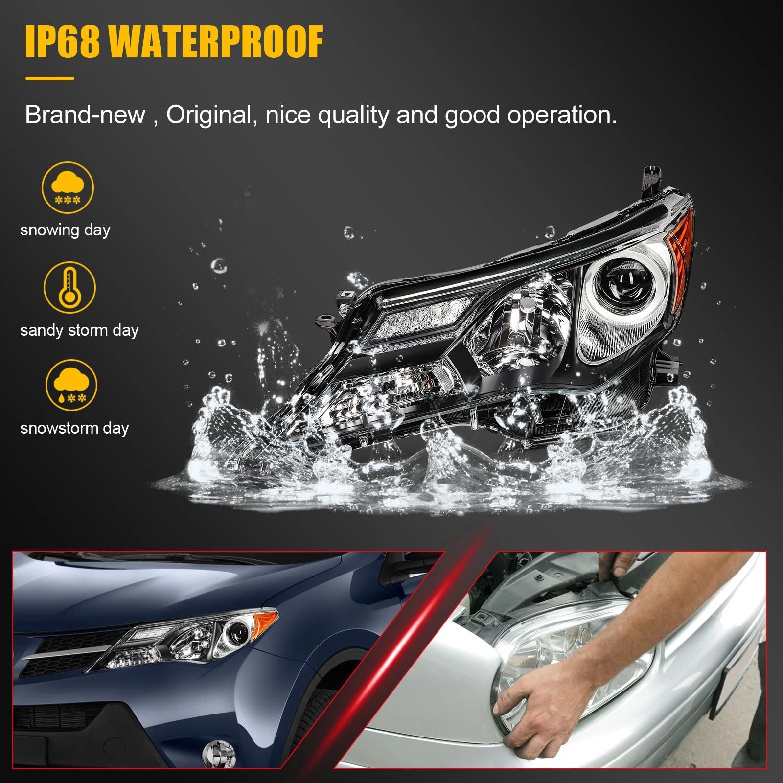 2X Headlight Assembly for Toyota RAV4 (2013–2015) Black Amber Housing