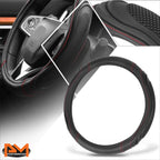 Steering Wheel Cover for Universal Fit (14.5-15") Black Carbon Fiber Red Stitching