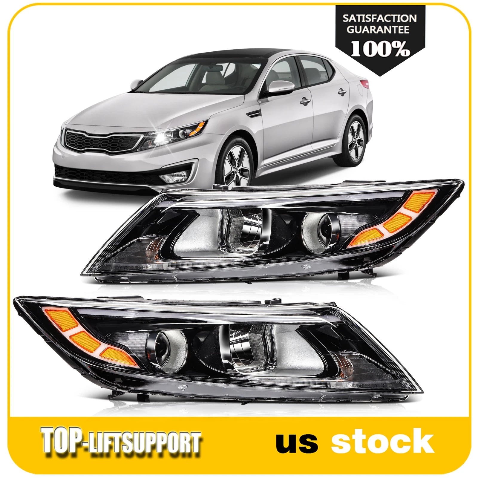 Headlight Assembly for Kia Optima (2014–2015) Black Housing Left+Right Pair