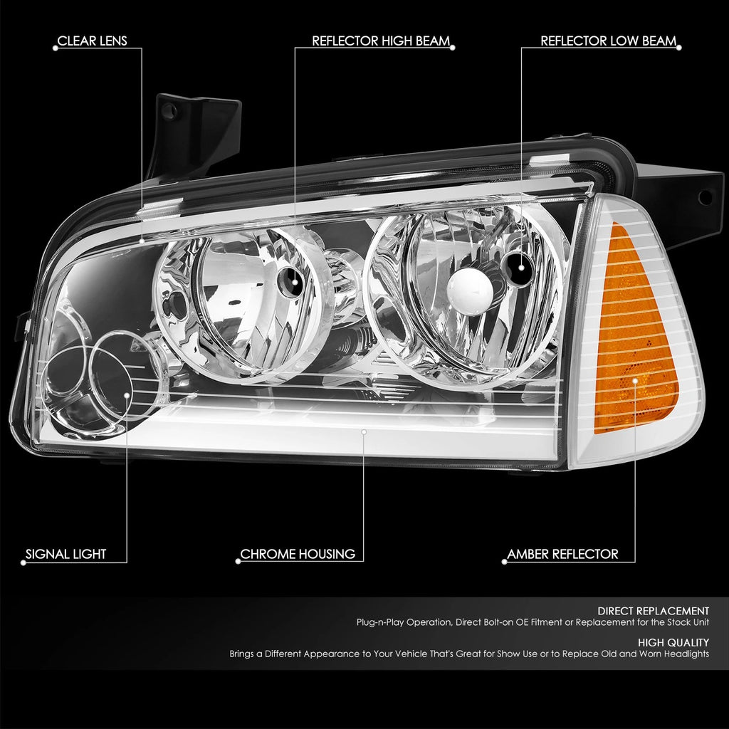 Pair of Chrome Housing Headlights with Amber Turn Signal for Dodge Charger (2006–2010)