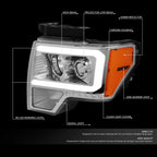 LED DRL Tube Chrome Amber Projector Headlights for Ford F150 (2009–2014)