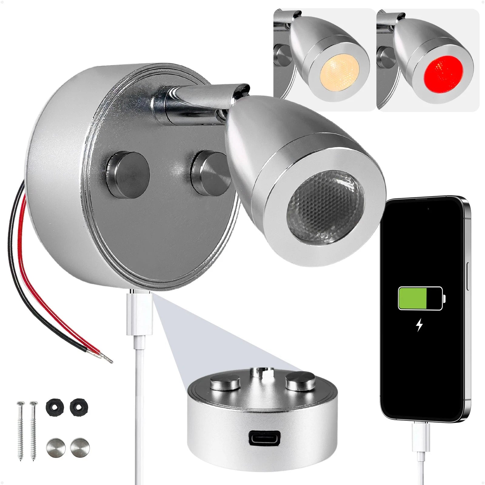 LED Reading Light for RV (12V) - Touch Dimmer, USB-C Port, Warm White & Red