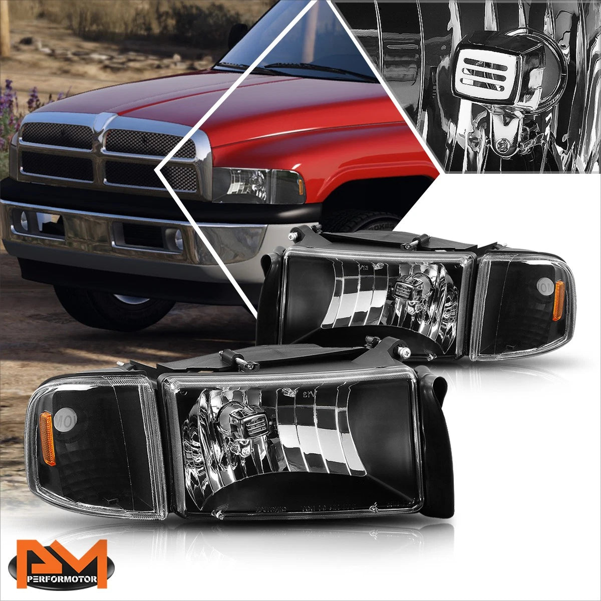 Black Housing Headlight & Amber Corner Signal Lamps for Dodge Ram 1500-3500 (1994–2002)