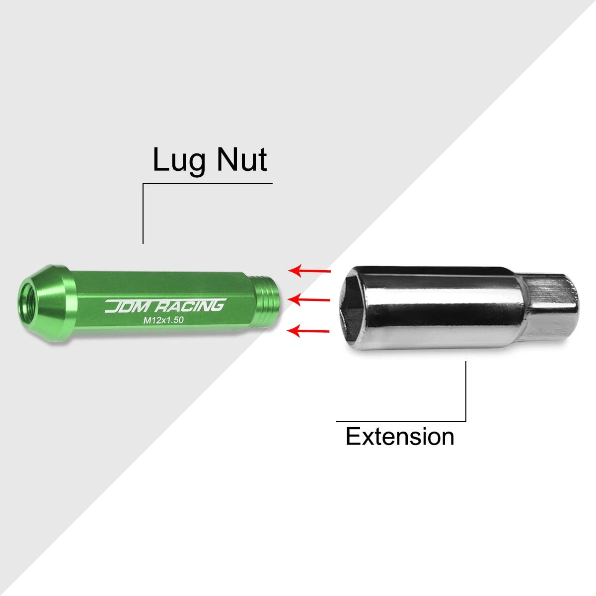20Pc M12X1.5 Green JDM Open End Conical Wheel Lug Nuts + Extension 25mmx90mm