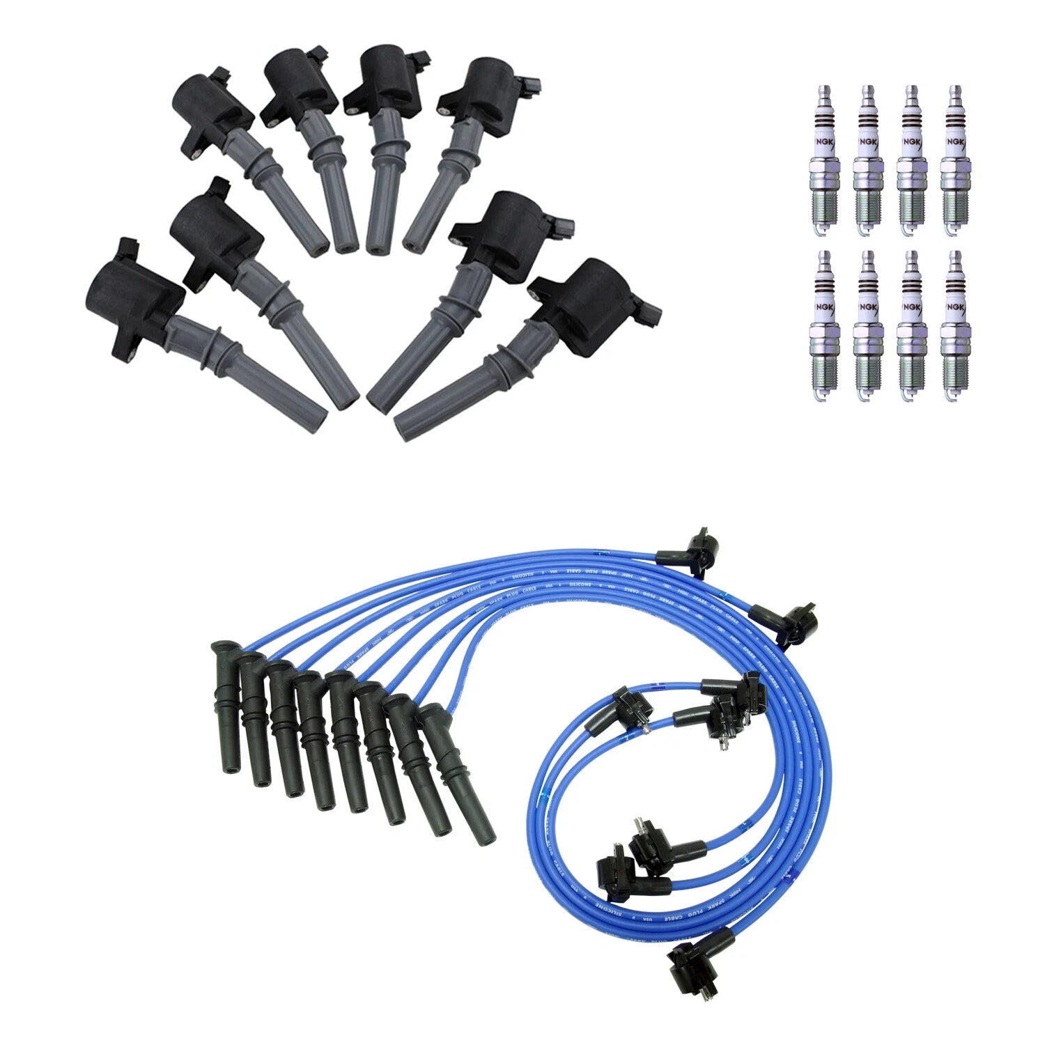 Set of 8 NGK Iridium Spark Plugs & Ignition Coil Wires for Town Car (1990–2011)