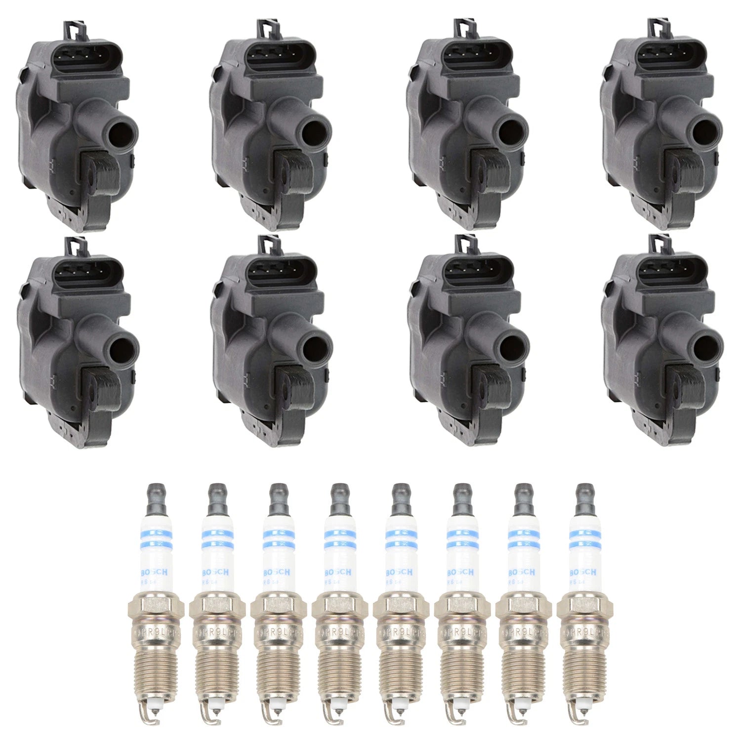 Set of 8 Ignition Coils & Spark Plugs for Sierra 2500 V8 (Denso, Bosch)