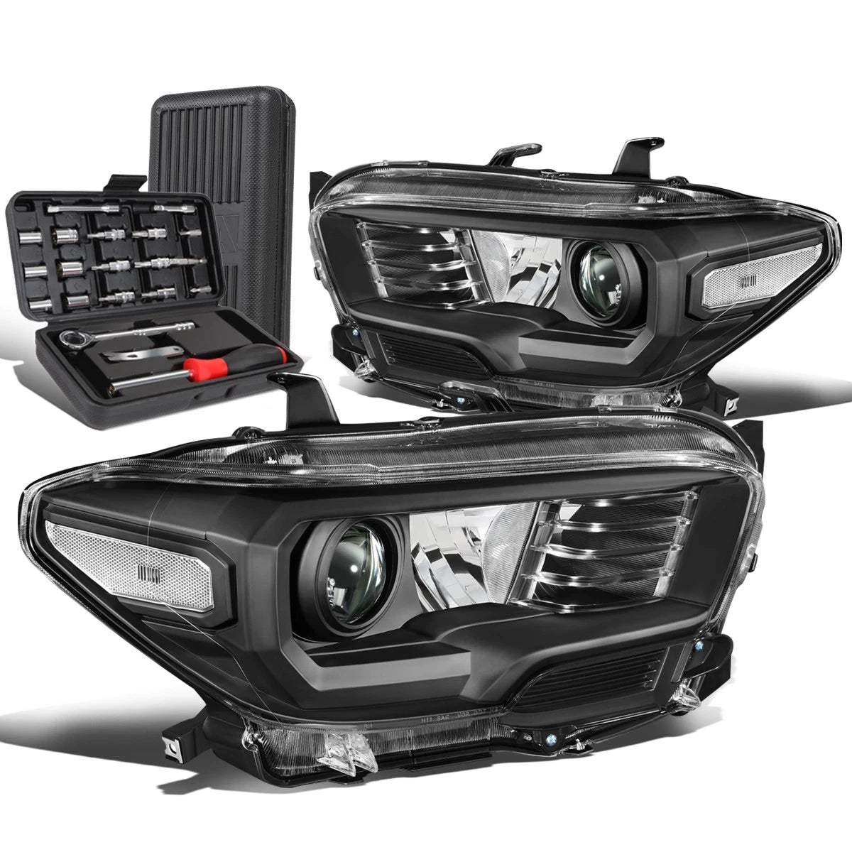 Pair of Black/Clear Signal Headlight Lamps for Toyota Tacoma (2016–2020)