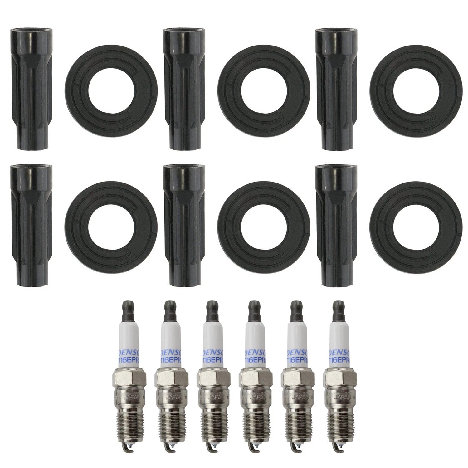 Set of 6 Denso Double Platinum Spark Plugs & Coil Boots for Ford Escape Fusion