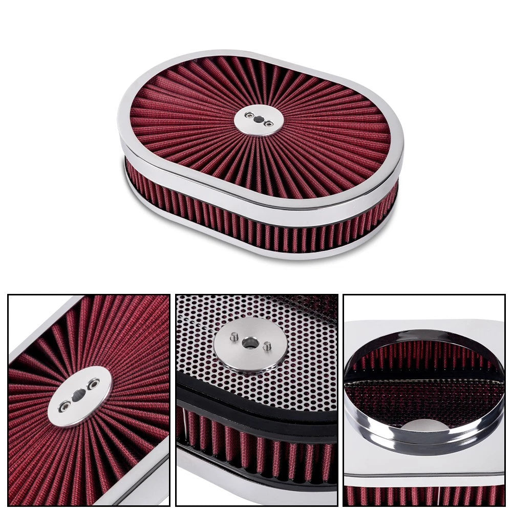 12" Oval Super Flow Thru Air Cleaner for SBC Chevy Ford (5-1/8 Carb Neck)