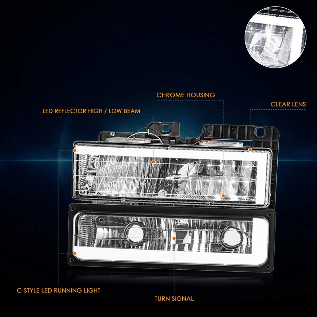 C-Shape LED DRL Headlights for Chevy GMC C/K Suburban Tahoe Yukon (1988–2000)