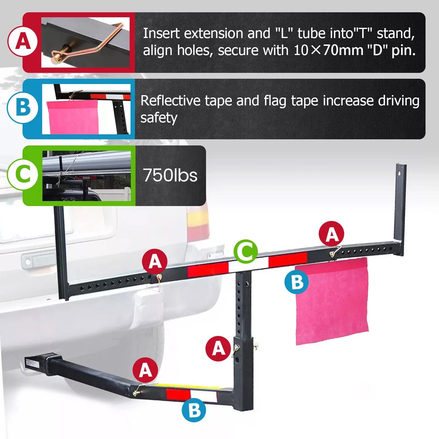 75" Kayak Bed Extender for Pickup Truck (750 lbs Capacity)