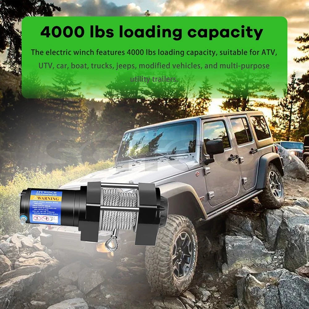 4000lb Electric Winch for Truck (12V, 4.8mm x 15m Steel Rope)