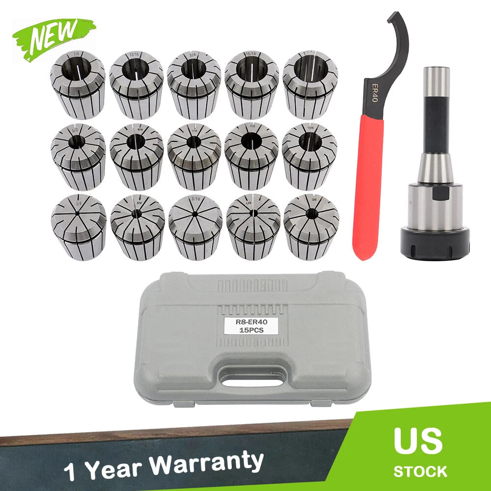 15 PC Collet Set R8 ER40 for CNC Milling Lathe (1/8 - 1 Inch Shank)