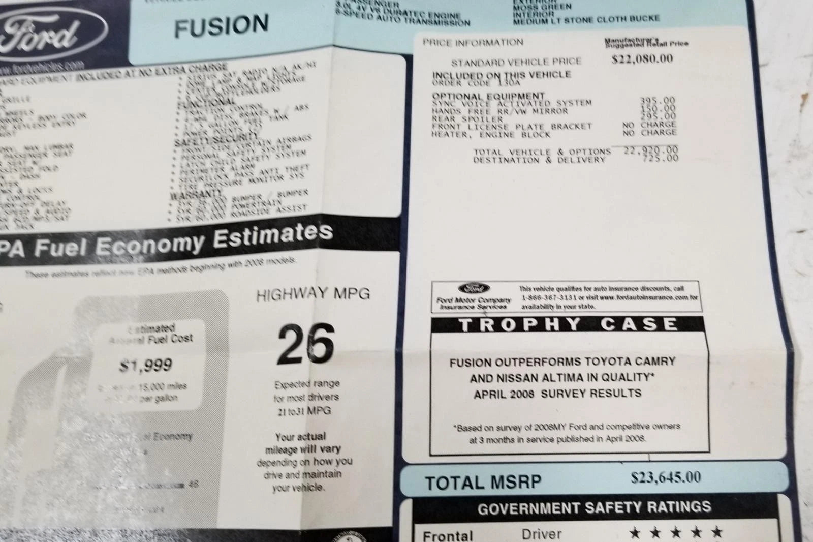 Original Dealer Window Sticker for Ford Fusion V6 SE (2009)