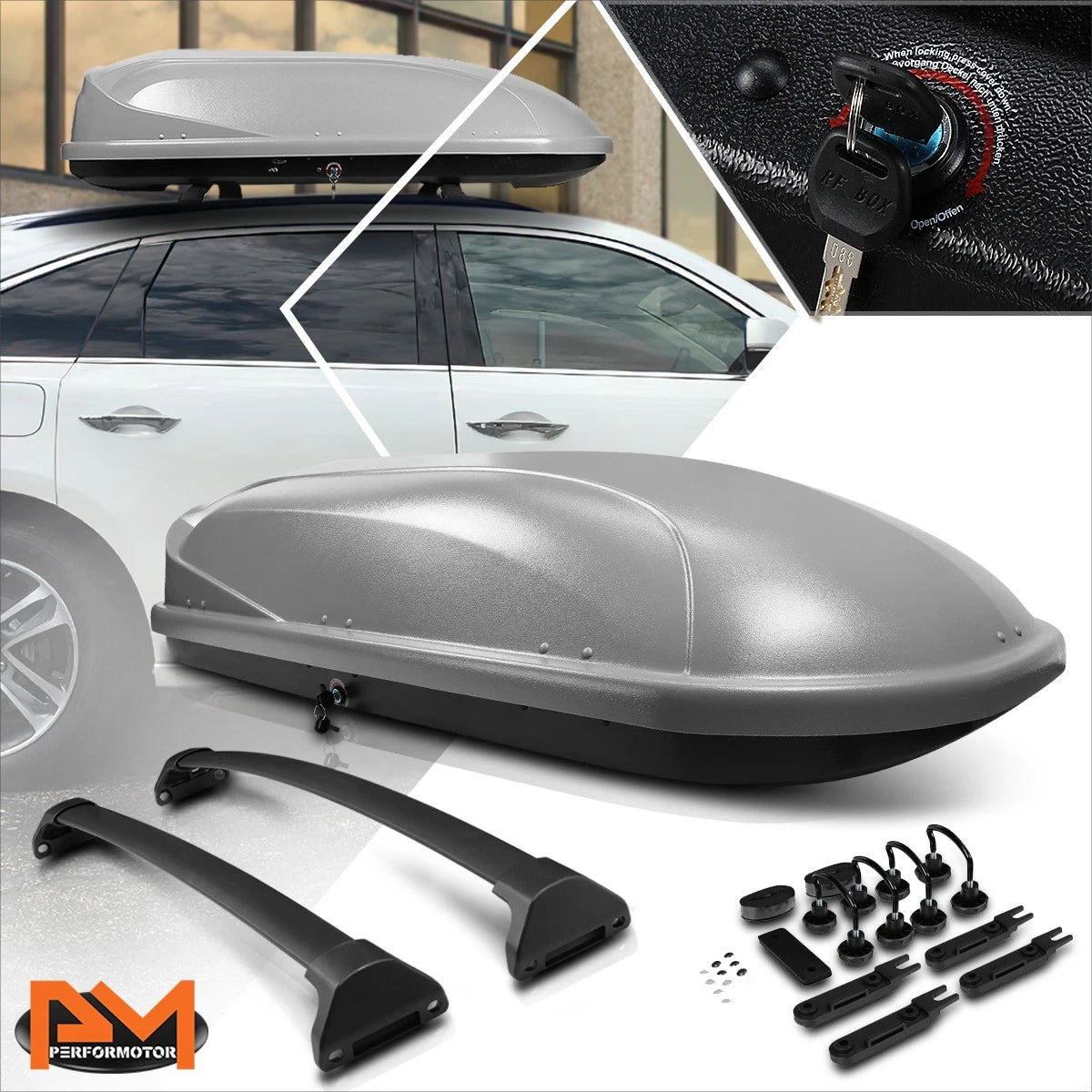 Aluminum Cross Bar Roof Rack for Acura MDX (2014–2018) + Grey Cargo Box & Keys