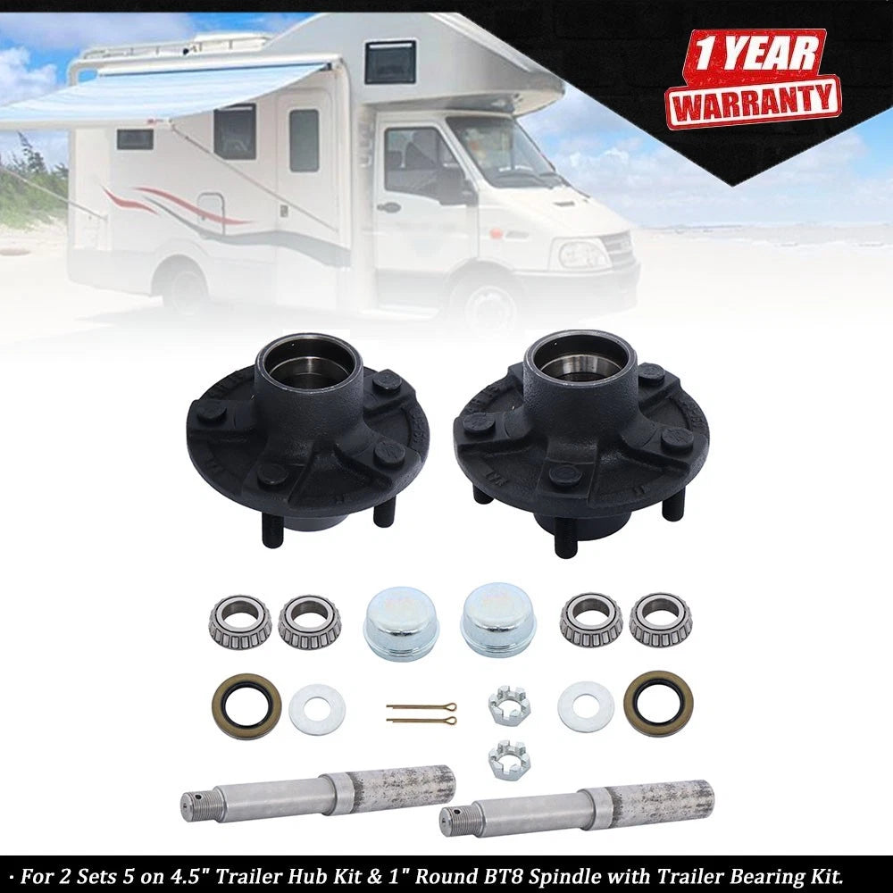 Set of 2 Trailer Hub Kits with 1" Round Spindle and Bearing Kit
