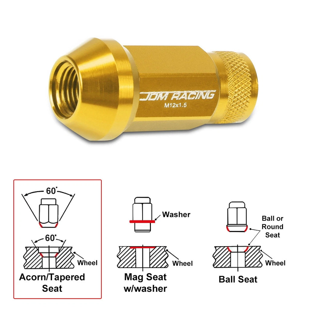 20Pc M12X1.5 Gold JDM Open End Cone Seat Hex Wheel Lug Nuts + Extension 25mmx50mm