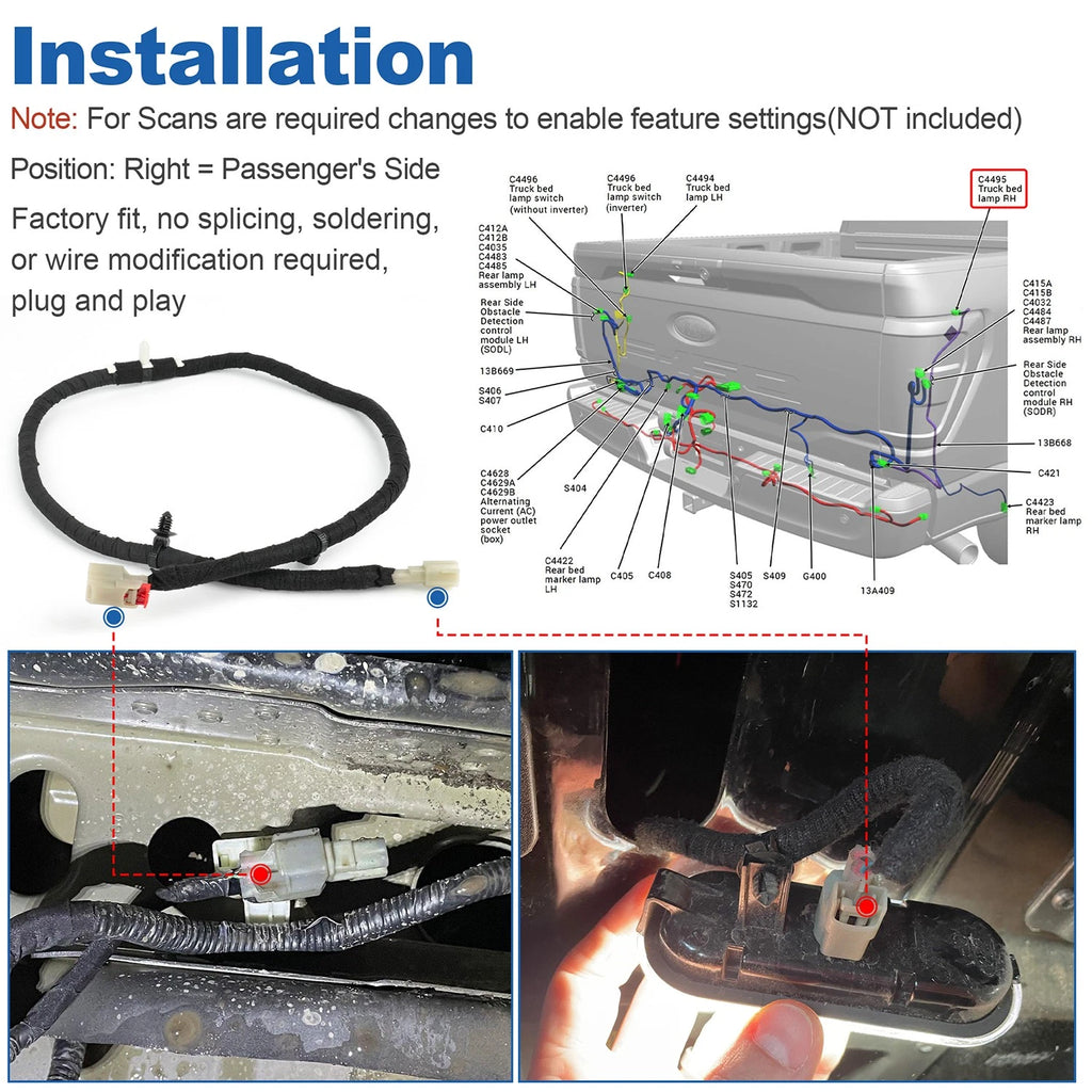 Bed Light Cargo Box Wiring Jumper Harness for Ford F-150 (2021–2025) LH RH