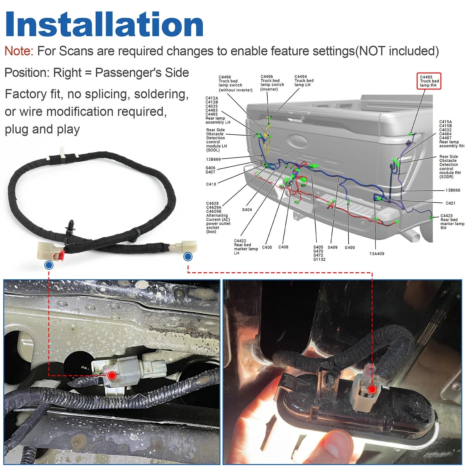 Bed Light Cargo Box Wiring Jumper Harness for Ford F-150 (2021–2025) LH RH
