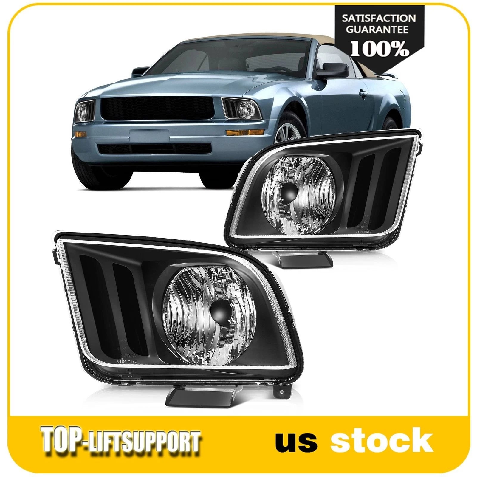 Set of 2 Black Headlight Assemblies for Ford Mustang (2005–2009)
