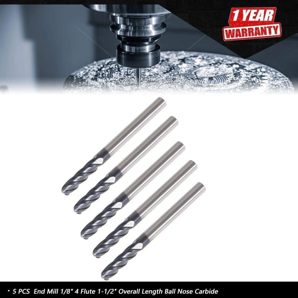 Set of 5 Ball Nose Carbide End Mills 1/8" for Precision Machining