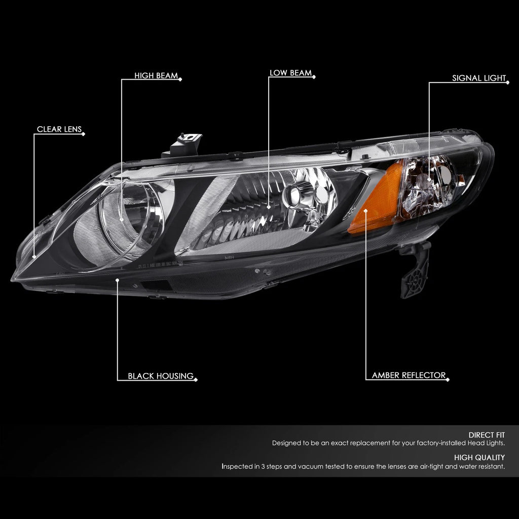 Headlight Lamp Assembly for Honda Civic Sedan (2006–2011) Black Housing