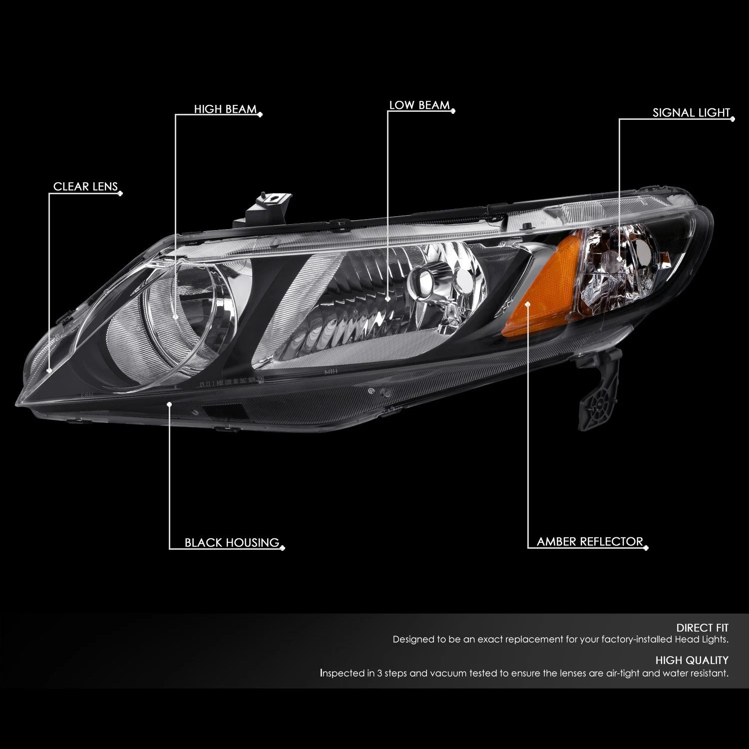 Headlight Lamp Assembly for Honda Civic Sedan (2006–2011) Black Housing
