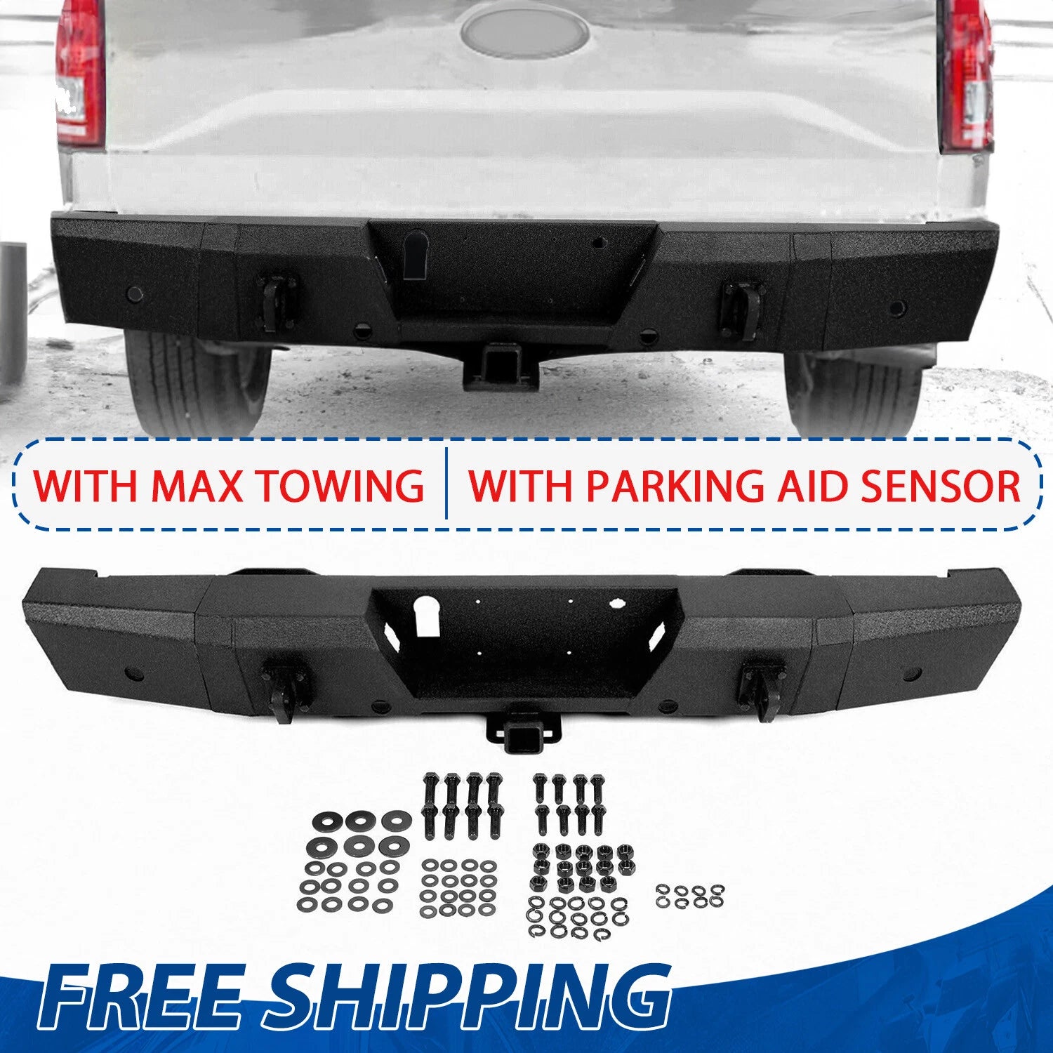 Heavy Duty Steel Rear Bumper for Ford F150 (2015–2020) w/ Tow Hitch & Sensor Holes