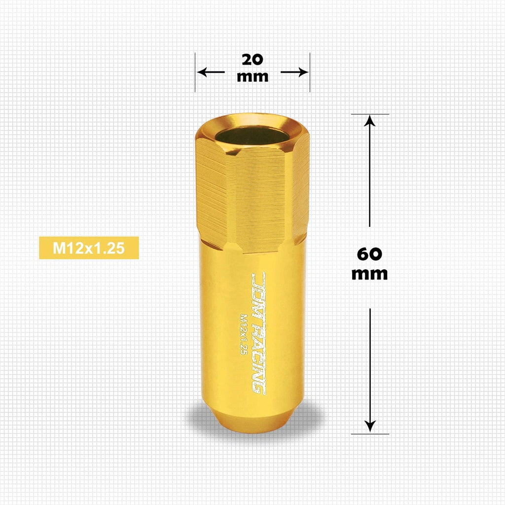 Set of 20 M12X1.25 Gold JDM Open End Aluminum Hex Lug Nuts + Spline Locks