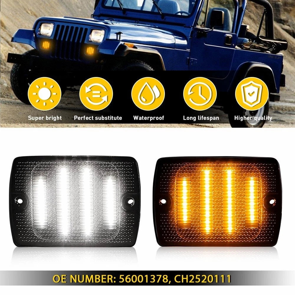 2Pcs Smoke Lens DRL Turn Signal w/ Amber LED for Jeep Wrangler YJ (1987–1995)