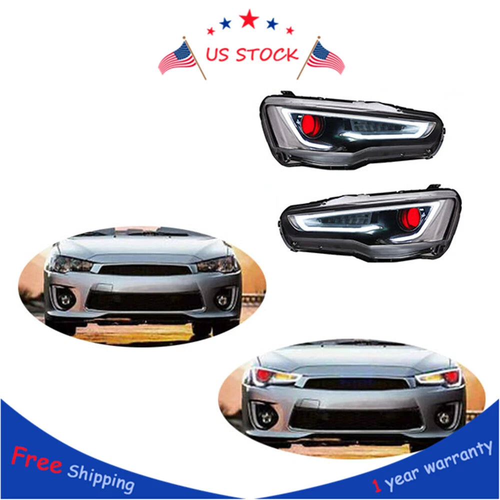 2X LED Headlights for Mitsubishi Lancer & EVO X (2008–2017) Red Eye DRL