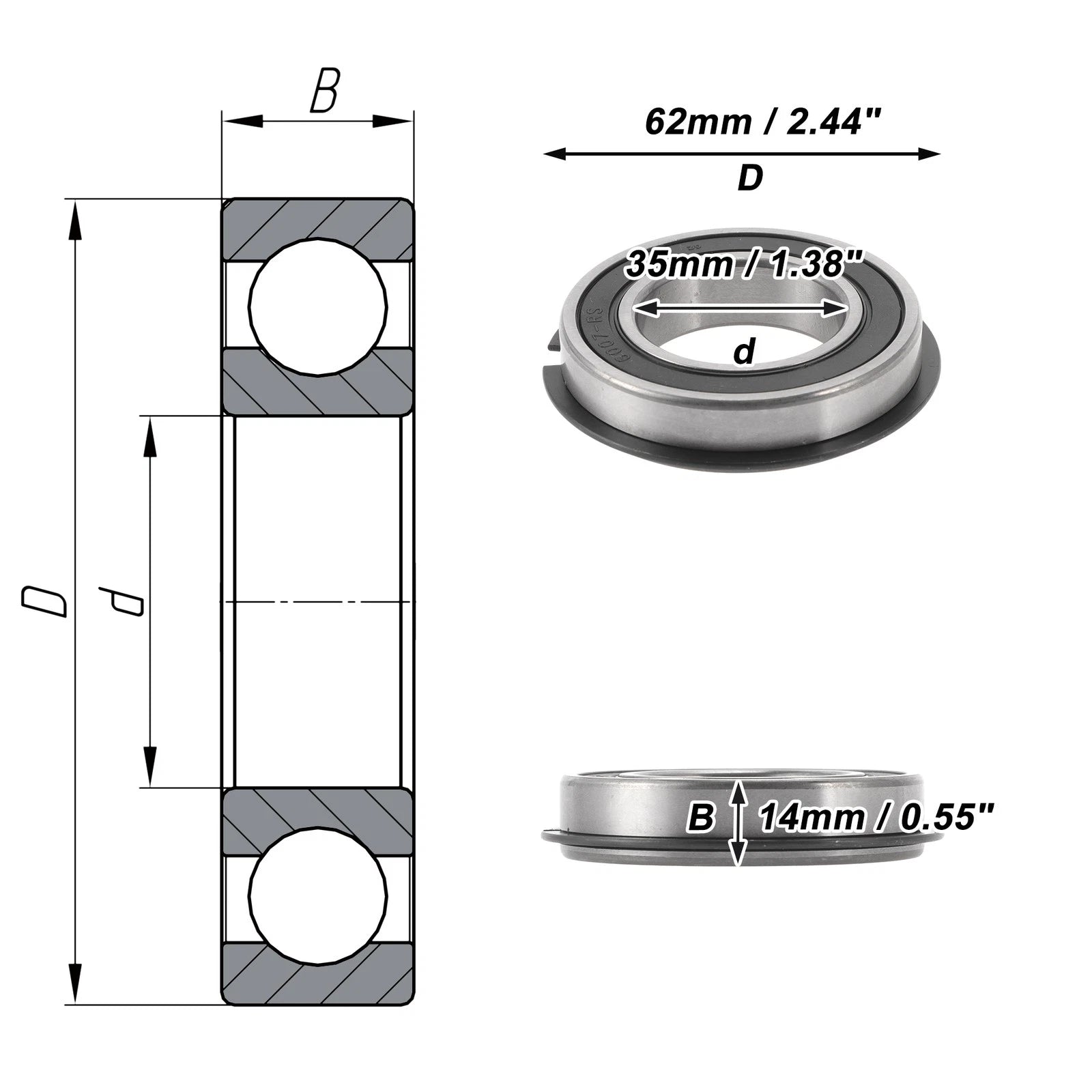 6007NR2RS Deep Groove Ball Bearing for Scooter Skateboard Wheel (N/A)