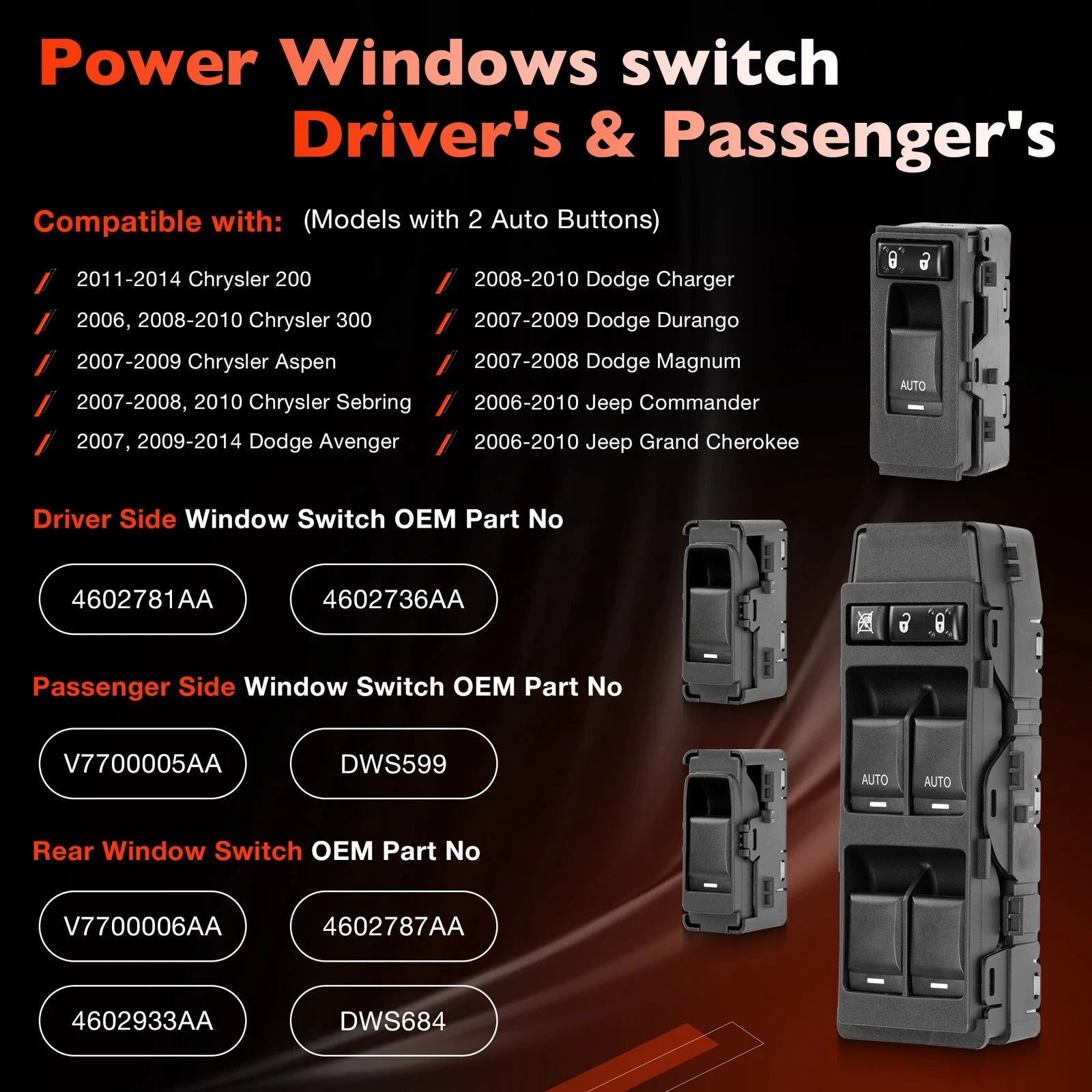 Power Window Door Control Switch for Jeep Chrysler 200 300 Dodge Charger (2006–2014)