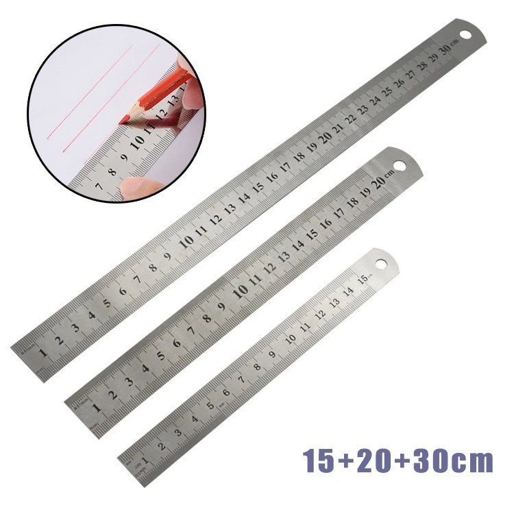 Set of 3 Stainless Steel Double-sided Scale Rulers Measuring Tool