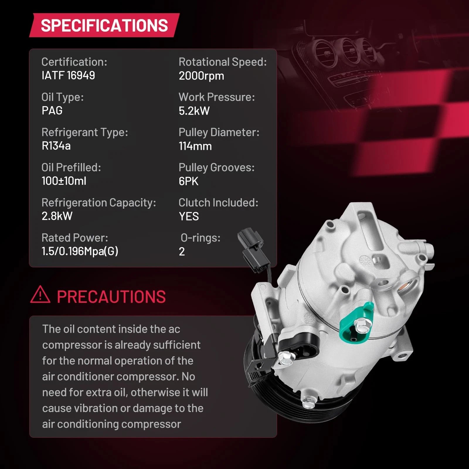 A/C Compressor for Kia Forte Koup (2014–2017), Forte5 (2014–2018), Hyundai Elantra GT