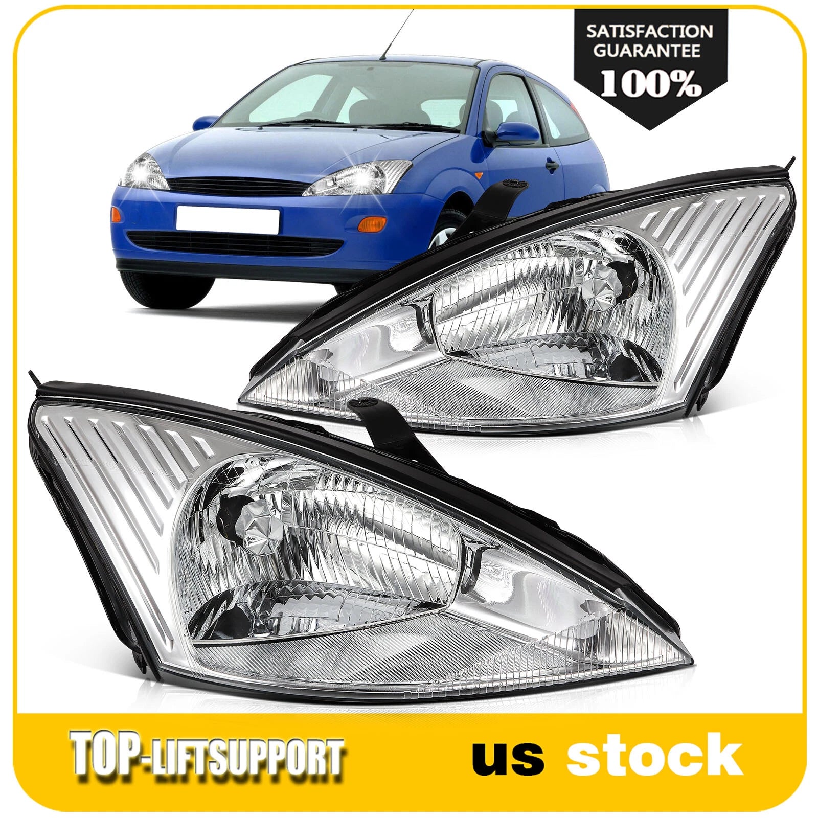 Headlight Assembly for Ford Focus (2000–2004) Chrome Housing Clear Lens L+R