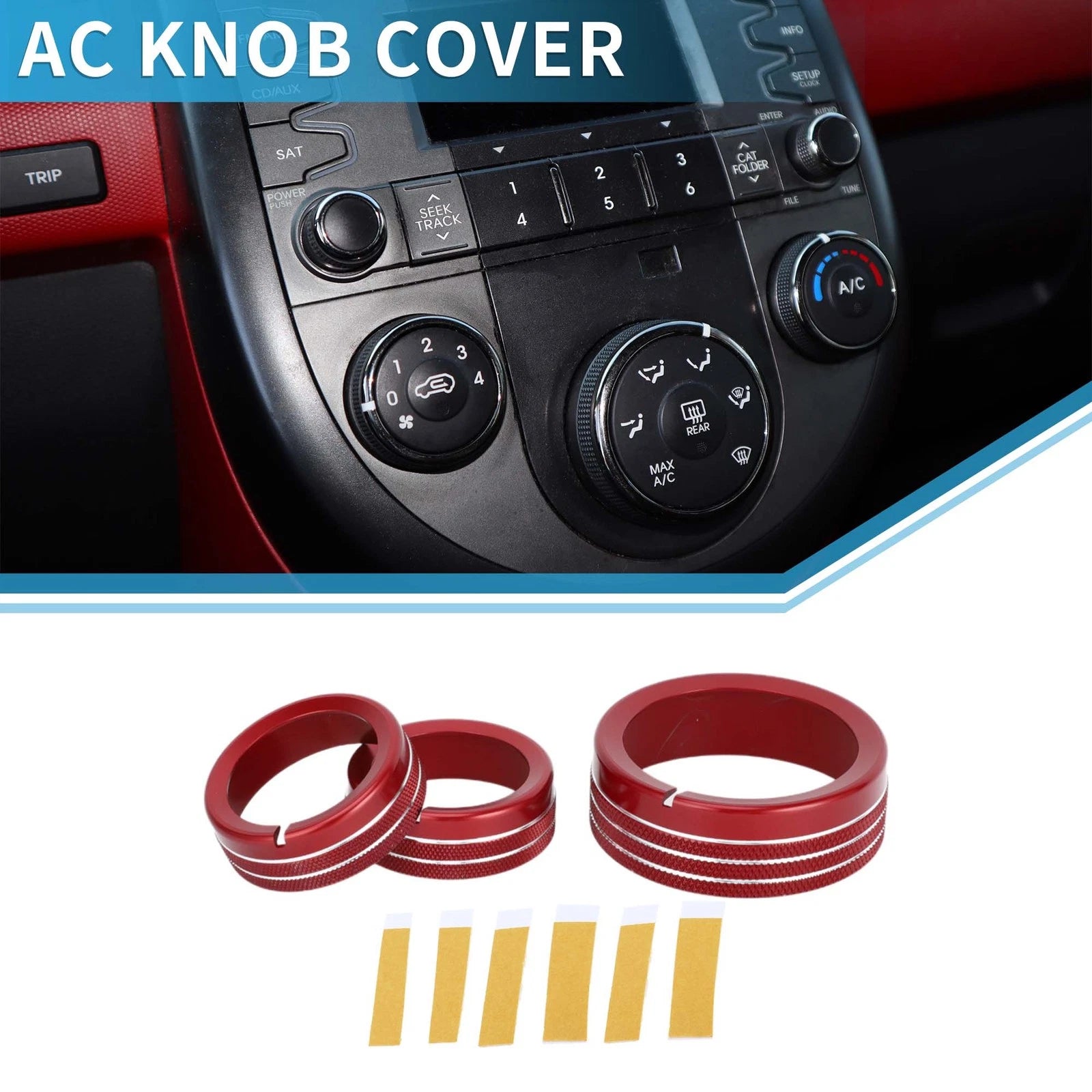 Set of 3 AC climate heater switch knob cover rings for Kia Soul (2009–2013) Red