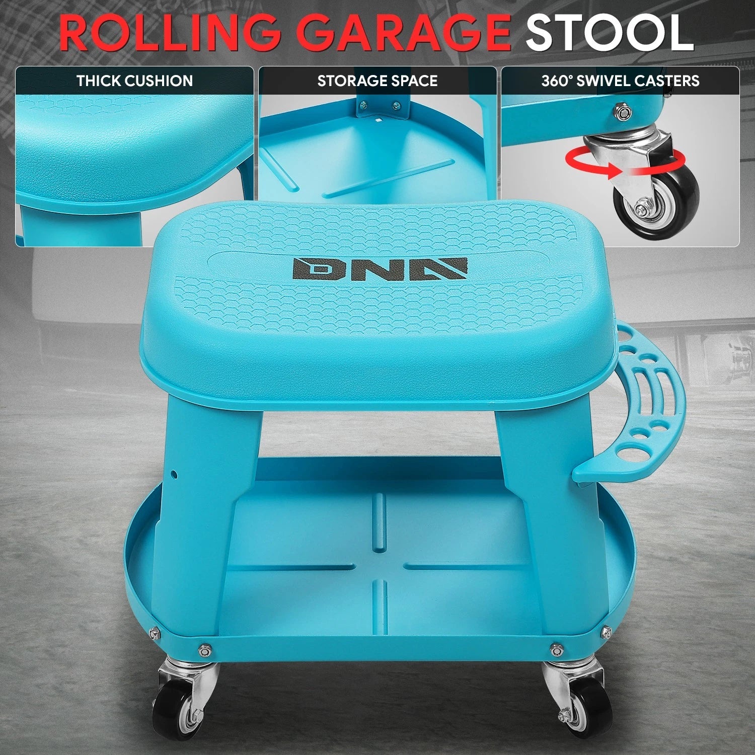 Rolling Garage Stool for Blue 300 LBs Mobile Seat (360-Degree)