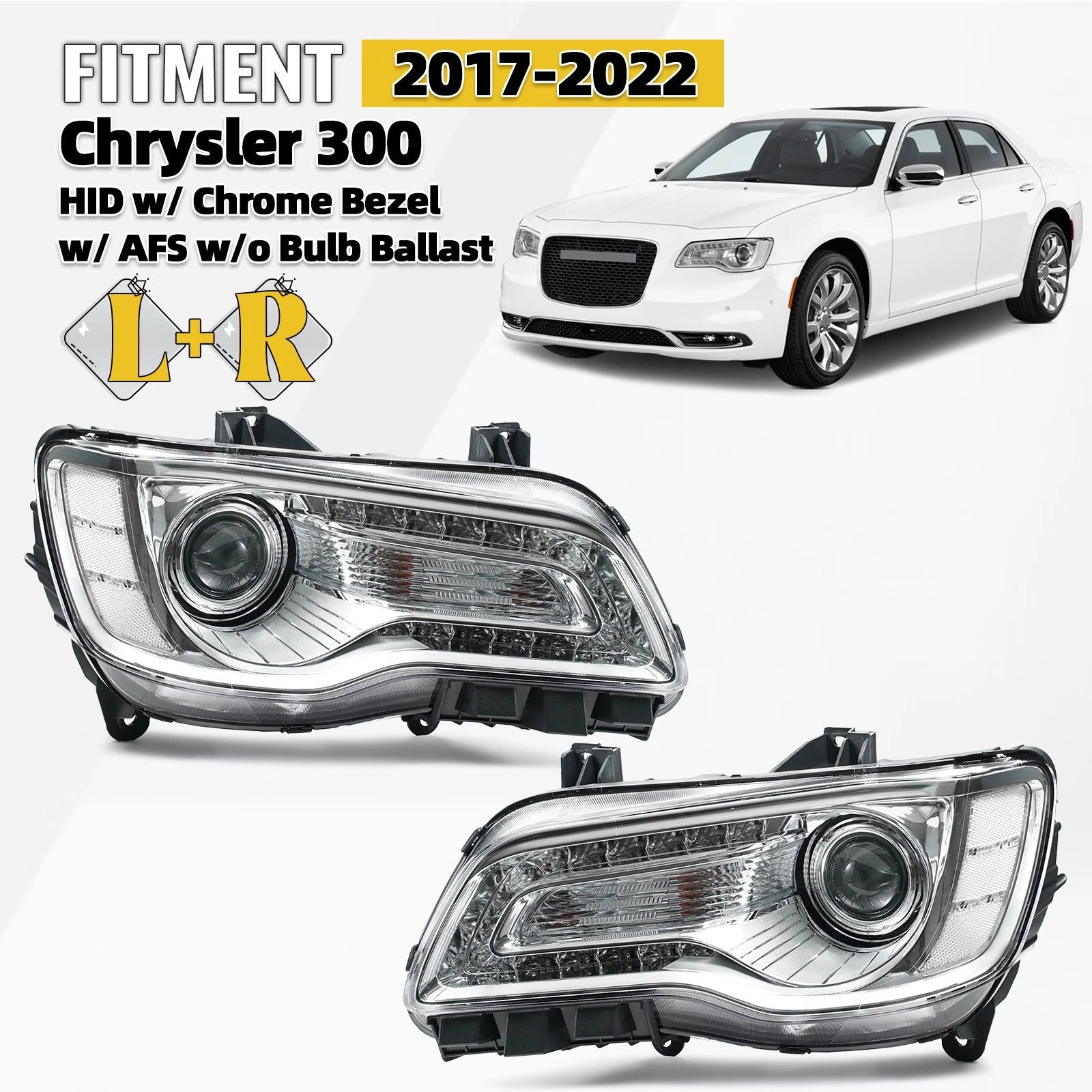 HID Headlight Pair for Chrysler 300 (2017–2022) AFS, Chrome Bezel