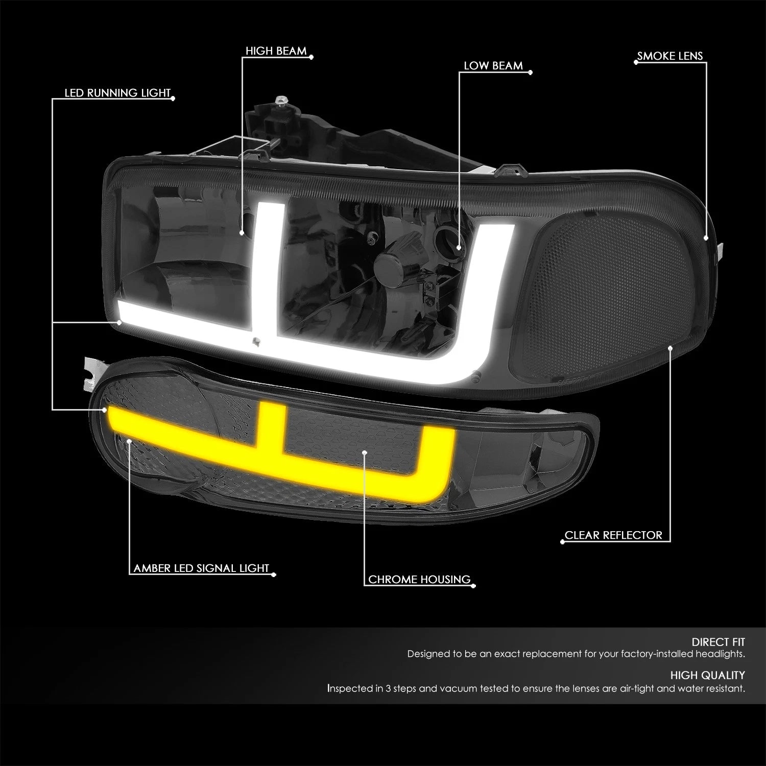 LED DRL Headlights for GMC Sierra Yukon Denali (2001–2007) - Smoked
