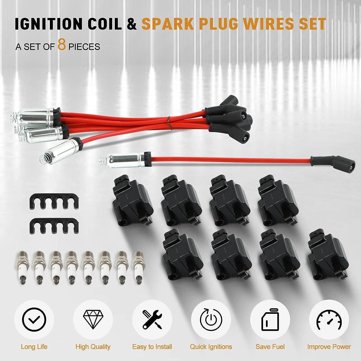 8 Pack Ignition Coil & Spark Plug Wire for Chevy GMC 4.8L 5.3L 6.0L 8.1L