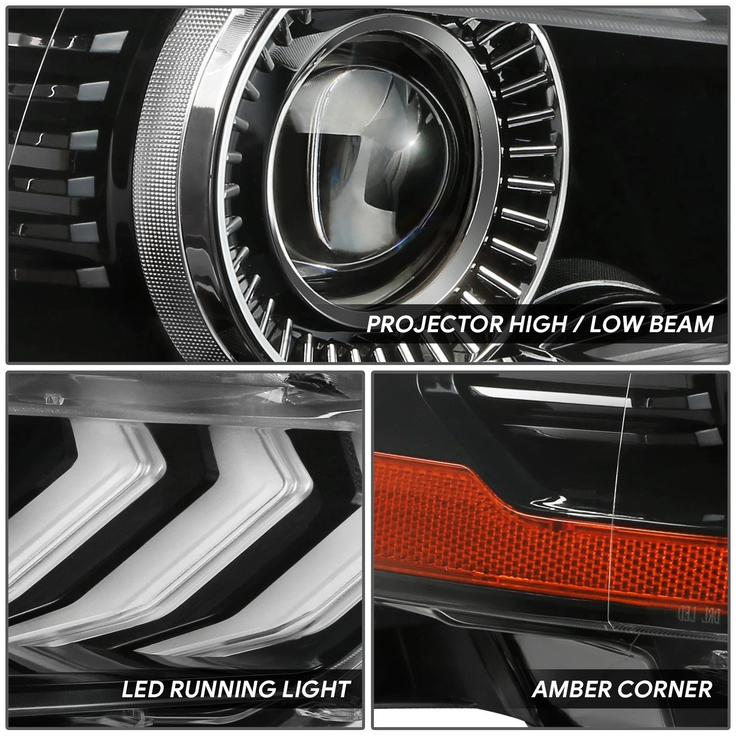 Right Side Projector Headlight for Ford Mustang (2018–2022) - Black Amber HID