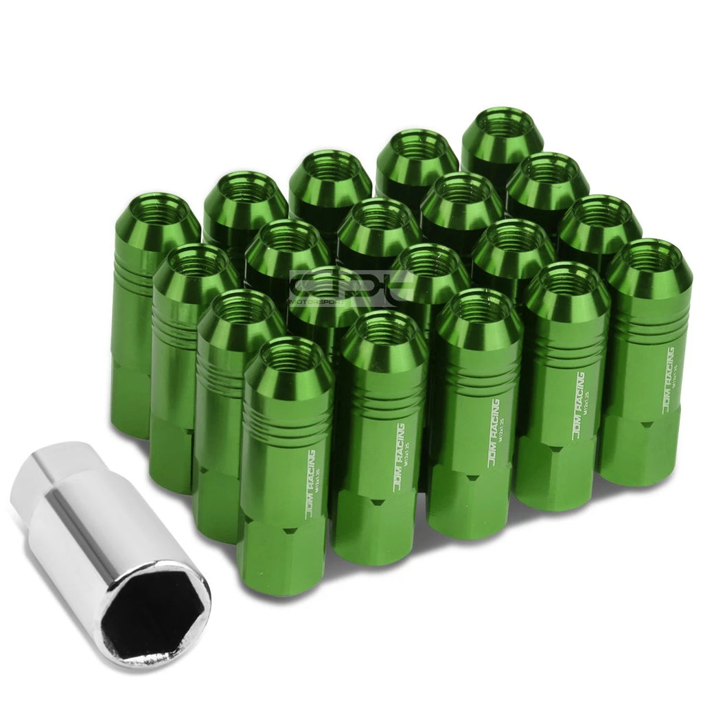 20 PCS Open End M12x1.25 60mm Tall Green Aluminum Lug Nuts + Adapter