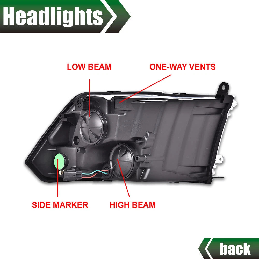 Black Housing Headlight Assembly for Dodge Ram 1500 2500 3500 (2009–2018)